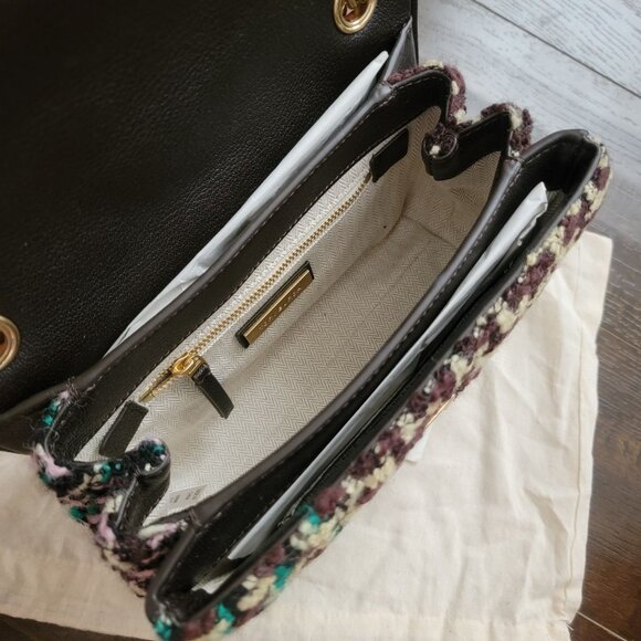 Tory Burch Fleming Tweed Convertible Shoulder Bag Brown Butter Yellow Designer - Picture 8 of 14